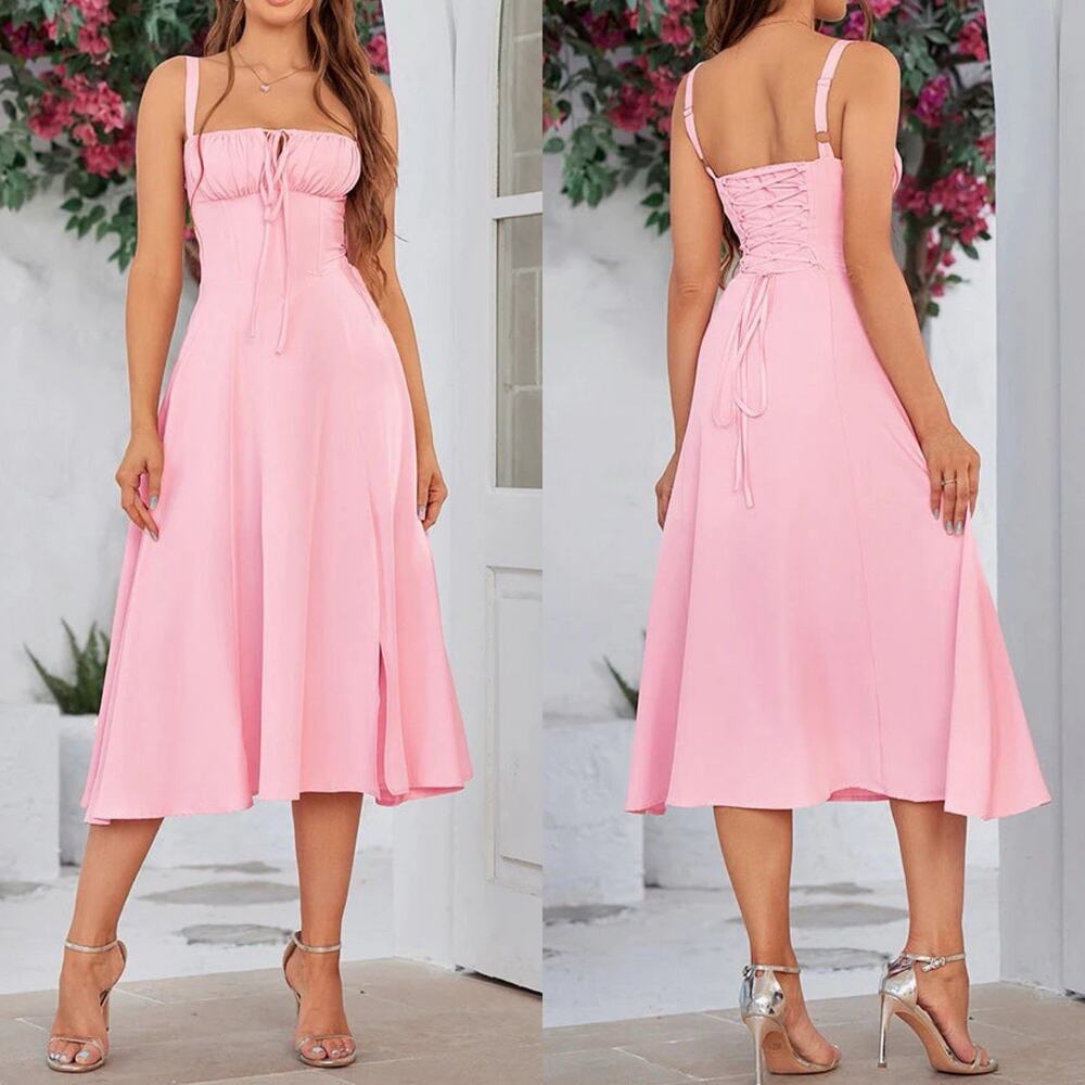 Elegant Pink Midi Dress with Corset Back